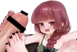 1boy bar_censor barefoot black_nails bocchi_the_rock! braid censored commentary dokomon feet female footjob highres hiroi_kikuri nail_polish open_mouth penis purple_eyes sharp_teeth simple_background straight teeth toenail_polish toenails toes white_background
