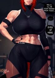 abs athletic athletic_female big_breasts breasts clothed clothes clothing cubeskar curvaceous curvaceous_body curvaceous_female curvaceous_figure curvaceous_hips curvy curvy_body curvy_female curvy_figure curvy_hips female glistening glistening_body gloves gym gym_clothes gym_clothing gym_shorts hips male male_pov muscular muscular_female muscular_tights necklace pov pov_male red_hair redhead_female sports_bra text thick thick_hips thick_thighs tight_clothing virtual_youtuber wide_hips zentreya