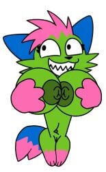anthro big_breasts blue_ears breasts cat_ears digital_drawing_(artwork) dont_touch_my_pizza_guy edit edited female female_anthro fox_tail furry furry_female genderswap_(mtf) green_body green_breasts hand_on_breast kevin_(nyanwolf) munchykirby1 nipples nude nyanwolf original_character pink_hair pink_hands rule_63 tagme vagina