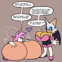 2026 alternate_costume amy_rose amy_rouge amy_the_bat anthro bat bat_wings big_breasts bodysuit boots breast_expansion breasts chaos_emerald clothing clothing_swap dialogue digital_drawing_(artwork) digital_media_(artwork) duo english_text eulipotyphlan expansion female female_anthro flat_colors footwear gem gloves handwear hedgehog hi_res huge_breasts hyper hyper_breasts immobile inconvenient_breasts klacket lying lying_on_breasts lying_on_own_breasts lying_on_self mammal membrane_(anatomy) membranous_wings rouge_the_bat rouge_the_bat_(cosplay) sega shoes skinsuit sonic_(series) sonic_the_hedgehog_(series) speech_bubble text tight_clothing wings