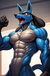 abs ai_generated anthro athletic athletic_anthro athletic_male biceps blue_body blue_fur fur furry gay gay_male lucario male male_only muscular muscular_anthro muscular_arms muscular_male navel nintendo nipples nude pecs pokemon pokemon_(species) red_eyes ripped_muscles small_waist solo tail toned-muscles triceps veiny_muscles