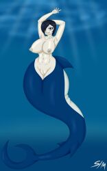 1girls animal_genitalia armpits arms_up big_breasts big_nipples blue_theme female female_only hair_over_one_eye madame_shyarly mermaid mermaid_girl mermaid_pussy ocean one_piece sansmurdoc shark_girl shark_tail shark_teeth smiling solo solo_female underwater wide_hips