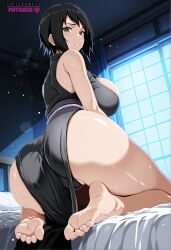 ai_generated ass bed bedroom big_breasts breasts feet female female_only legs lewdfeetai naruto naruto_(series) naruto_shippuden shizune soles solo sweat