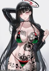 ai_generated basicallynomore blacked blue_archive female looking_at_viewer pan-african_flag_bikini pan_african_colors pubic_tattoo qos qos_tattoo queen_of_spades queen_of_spades_symbol queen_of_spades_tattoo tattoo tattoos tsukatsuki_rio