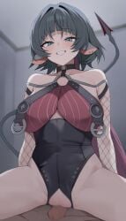 1boy absurdres animal_ears breasts censored commentary cowgirl_position english_commentary female fishnet_sleeves fishnets green_eyes highres imminent_penetration imminent_vaginal jane_doe_(nocturne_of_light)_(zenless_zone_zero) jane_doe_(zenless_zone_zero) large_breasts mosaic_censoring mouse_ears mouse_girl mouse_tail official_alternate_costume paid_reward_available penis redshark_(t373412) smile straddling straight tail two-tone_one-piece_swimsuit zenless_zone_zero