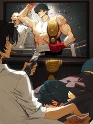 2boys asaba_harumasa athletic_male blowjob blush boxer boxing_gloves casual casual_fellatio champion championship_belt closed_eyes clothed eating gay gay_male implied_oral lighter_(zenless_zone_zero) male_only nori31291404 scars sweat tagme title_belt tv tv_remote yaoi zenless_zone_zero