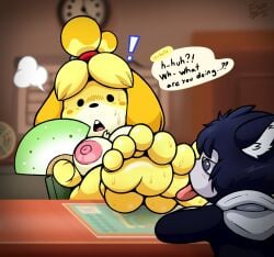 1boy 1girls 4_toes animal_crossing anthro areola blush blush_lines blush_stickers bodily_fluids breasts canid canine canis dialogue domestic_cat domestic_dog electricsnowfox english_text feet felid feline felis female foot_fetish foot_focus foot_lick heat_(temperature) hi_res humanoid_feet isabelle_(animal_crossing) licking licking_soles male mammal nintendo nipple_dip nipples nude nude_anthro nude_female pink_nipples plantigrade soles speech_bubble sweat sweaty_feet tagme text toes tongue