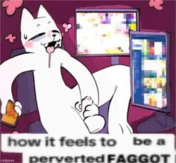 animal_genitalia anthro balls blush bodily_fluids cansado_(akeivi) catjamn cellphone censored chair closed_eyes domestic_cat drooling electronics eye_bags felid feline felis furniture genital_fluids genitals humanoid male mammal masturbation monitor mosaic_censorship phone pink_background precum saliva sheath shitpost simple_background solo sweat sweatdrop teeth text tired_eyes