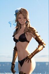 1girls ai ai_generated armor armored_female bikini breasts brown_eyes brown_hair earrings female gauntlets granblue_fantasy katalina_aryze kneeling large_breasts long_hair shawl thigh_strap