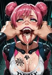 1boy after_fellatio after_sex ahe_gao ai_generated blush body_writing breasts cd_projekt_red chest_tattoo choker cleavage clothing collarbone covered_nipples cum cum_in_mouth cum_on_body cum_on_breasts cum_on_tongue cumdrip cyberpunk_2077 double_bun drooling eyeshadow facial fangs female finger_in_another's_mouth green_eyes hair_bun jousneystudio large_breasts makeup male medium_breasts mouth_pull open_mouth oral_invitation pink_hair pov_hands rita_wheeler rolling_eyes runny_makeup saliva semen shirt short_hair solo_focus straight sweat tank_top tattoo tears teeth tongue tongue_out upper_teeth_only uvula white_shirt