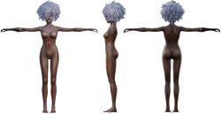 1girls afro ass breasts character_sheet completely_nude featureless_breasts featureless_crotch gloves hair_over_one_eye long_fingernails no_more_heroes purple_hair shinobu_jacobs sideass sideboob t-pose white_background white_hair