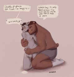 anthro balls bear beard begging begging_to_cum blush bodily_fluids canid canine canis clothing daddy_kink dominant dominant_male duo edging english_text facial_hair footwear foreskin genital_fluids genitals hair hand_on_chest hi_res kneeling leaking_precum looking_at_another looking_at_partner male male/male mammal nipples nub_tail orgasm_denial overweight overweight_male penis precum pubes rovindeer slim_male smile socks submissive submissive_male text underwear wolf