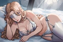 1female bed bedroom big_ass big_thighs birthdayglow blind blindfold blonde_female blonde_hair bows breasts female inside lace lace-trimmed_bra lace-trimmed_panties lace-trimmed_thighhighs lace_trim laying_down laying_on_bed laying_on_side lingerie lingerie_only long_hair luanne_(birthdayglow) lying_on_bed lying_on_side navel original_character pale_skin pearls pearls_in_hair scars scars_on_arm smile smiling smiling_at_viewer snow stockings tucking_hair tucking_hair_back window winter