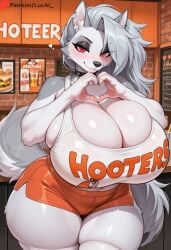 1girls ai_generated anthro big_ass clothing female fur gray_hair heart_symbol helluva_boss hi_res hooters hooters_uniform huge_ass huge_breasts hyper_breasts looking_at_viewer loona_(helluva_boss) lucai red_eyes restaurant tail thick_thighs thighs wolf wolf_ears wolf_girl