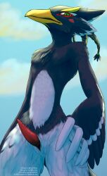 anthro avian beak blue_body blue_feathers braided_hair breath_of_the_wild cloacal_penis feathered_crest feathers genitals green_eyes hair head_crest hi_res low-angle_view male male_only nintendo nude penis peregr1ne revali rito sky_background solo the_legend_of_zelda thick_thighs white_body white_feathers wings
