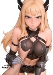 1boy 1girl ai_generated angry artist_name bangs bare_shoulders belt blonde_hair blue_eyes blush breast_grab breasts closed_mouth cowboy_shot crop_top elbow_gloves gauntlets gloves grabbing guided_breast_grab guiding_hand headgear hetero large_breasts leaning_forward lips long_hair looking_at_viewer magik_(illyana_rasputin) magik_(marvel_tokon) marvel marvel_tokon:_fighting_souls medium_breasts midriff navel nuageeart pov pov_hands questionable short_shorts shorts simple_background solo_focus spikes stomach sweat thigh_gap v-shaped_eyebrows white_background x-men