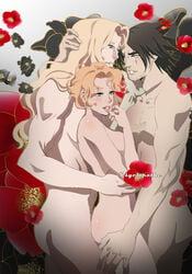 alucard_(castlevania) bisexual bisexual_male bishonen castlevania castlevania_(netflix) dhampir eye_contact facial_hair flowers long_hair long_hair_male love male/female/male mmf mmf_threesome muscular_male nude_female nude_male ot3 polyamory psyclopathe romantic sandwiched scars short_hair smile sypha_belnades tender threesome throuple trevor_belmont vampire wholesome