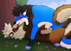 animal_genitalia ball_tuft balls big_balls big_sheath blush canid canine canine_genitalia canis cobalt_(texiefox) detailed detailed_background ear_piercing fluffy_mane fully_sheathed gay gay_anal gay_male gay_sex genitals hi_res homosexual homosexual_male homosexual_sex kissing kita_tanuki licking long_tail magenta_highlights male/male male_only male_penetrated male_penetrating male_penetrating_male mammal nauticalcanine nose_to_nose paws piercing raccoon_dog sheath standing_over tail tan_sheath tanuki tongue tuft white_sheath wolf y_sheath_opening yellow_sclera