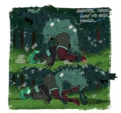 all_fours armwear ass_to_ass balls before_and_after big_breasts bodily_fluids border breasts canid canine canis clothed clothed_female clothed_human clothing colored day dialogue doggy_style dominant dominant_feral dominant_male duo elbow_gloves english_text female feral feral_penetrating feral_penetrating_human fishnet_clothing fishnet_topwear forest from_behind_position fur genitals gloves grass green_body green_fur green_hair hair handwear hi_res huge_breasts human human_on_feral human_penetrated interspecies jijis-waifus knotting legwear looking_pleasured male male/female mammal medium_hair obscured_penetration outside_sex paws penetration penile penile_penetration penis_in_vagina plant quadruped sex shaded shadow submissive submissive_female submissive_human sweat sweatdrop sweaty_body tail talking_to_another text thigh_highs topwear tree vaginal_knotting vaginal_penetration white_border wolf zoophilia