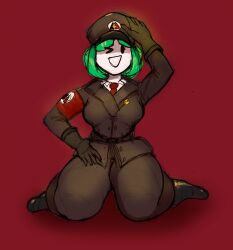 green_hair juridroppro pamelex posing red_background sdlg sergeant white_skin winking_at_viewer