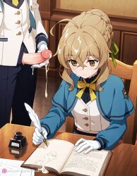 1boy ahoge ai_generated bangs blonde_hair blush book bow braid brown_eyes censored cum cum_on_book cum_on_face eyebrows_visible_through_hair fapping female gloves hair_bun ignoring_another long_sleeves monica_everett penis ribbon shirt silent_witch sitting skirt solo_focus straight sultralis white_gloves yellow_eyes