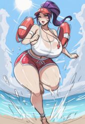 1girls ai_generated alternate_breast_size alternate_costume beach breasts busty clouds curvaceous curvaceous_female curvy gigantic_breasts huge_breasts kai'sa large_breasts league_of_legends lifebuoy lifeguard nai_diffusion ocean outdoors ponytail purple_eyes purple_hair riot_games shorts solo splashing stable_diffusion sun tank_top thick thick_thighs water whisker_markings whistle
