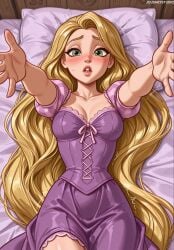 ai_generated artist_name bed bed_sheet blonde_hair blush breasts cleavage clothing collarbone corset disney disney_princess dress female from_above green_eyes incoming_hug jousneystudio large_breasts lips long_hair looking_at_viewer lying medium_breasts on_back on_bed outstretched_arms parted_lips patreon_username pillow puffy_short_sleeves puffy_sleeves purple_dress rapunzel rapunzel_(tangled) reaching reaching_towards_viewer short_sleeves solo tangled tangled_(disney) teeth trembling upper_teeth_only very_long_hair web_address