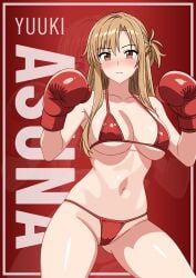 1girls asuna_(sao) bikini blonde_hair boxing boxing_gloves breasts brown_eyes cleavage female female_only highres large_breasts long_hair looking_at_viewer navel non-web_source pristina red_bikini red_boxing_gloves red_gloves simple_background solo swimsuit sword_art_online