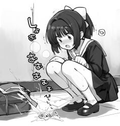 1girl bag blush bow commentary_request convenient_leg drain_(object) from_side full_body greyscale hair_bow heart long_sleeves looking_down mary_janes miniskirt monochrome nose_blush open_mouth original panties panties_around_one_leg panty_pull pee peeing ponytail sailor_collar school_bag school_uniform serafuku shirt shoes skirt socks solo sound_effects speech_bubble spoken_heart squatting sweat tamahagane underwear wispy_bangs