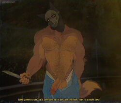 anthro astrayd0g balls bodily_fluids body_hair bottomwear bottomwear_down canid canine clothed clothing genital_fluids genitals hasil_(astrayd0g) hi_res knife male mammal mask mythological_canine mythological_creature mythology outside pants pants_down partially_clothed penis precum shirtless solo text underwear vhs vhs_filter wearing_mask werecanid werecanine werecreature werewolf