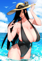 1girls beach big_breasts black_hair busty_bunny_lady_(rototika) cleavage_overflow female_only half-closed_eyes huge_breasts hyper_breasts large_breasts long_hair looking_at_viewer low_cut_top mature_female milf mole mole_on_breast mole_under_mouth ocean one-piece_swimsuit original pink_nails red_lipstick rototika seductive seductive_smile smirk solo_female swimsuit