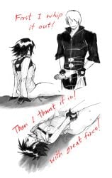 arched_back beard_stubble belt_collar big_penis black_and_white black_hair bottomless bottomless_female breast_belt breasts casual_sex cleavage clothed clothed_male clothed_male_nude_female clothed_sex comic dante_(devil_may_cry) devil_may_cry devil_may_cry_4 english_text female female_penetrated friends_with_benefits grabbing_another's_arm grabbing_arm half-dressed half_naked lady_(devil_may_cry) large_penis missionary_position open_clothes open_shirt penis rough_sex short_hair sommai text vaginal vaginal_penetration vaginal_sex white_hair wolf_cut