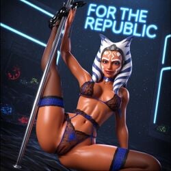 "for ahsoka ahsoka_tano ai_generated aroused athletic_body black_lace blue_eyes blue_rebel_accents blue_red_glow blue_stripes close-up dancing_on_pole erotic explicit facial_markings female female_only garter_belt gerend high_heels montrals nsfw orange_skin perky_breasts pole_dance rebel_safehouse rebels republic" rim_lighting seductive sheer_lingerie smirk solo star_wars stockings strip_club teasing text text_at_top the the_clone_wars thong transparent_bralette volumetric_lighting white_lekku