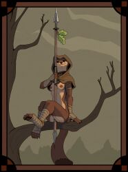 anthro areola aroused aroused_female aroused_onlooker ass bandage branch breasts claws clothing female garbagegarage hi_res holding_melee_weapon holding_object holding_polearm holding_spear holding_weapon hood hoodie looking_at_another looking_down mammal melee_weapon mustelid musteline nipples outside plant polearm robbery sitting_on_branch solo spear thief topwear tree true_musteline weapon weasel
