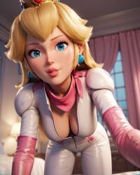 ai_generated all_fours bed biker_clothes bikesuit blonde_hair blue_eyes blurry bodysuit breasts cleavage crown earrings female gloves indoors jewelry lips long_hair looking_at_viewer mario_(series) medium_breasts nintendo parted_lips princess_peach scarf solo super_mario_bros. window