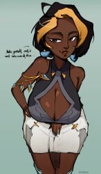 1futa 1girls bending_forward breasts cybernetics dark-skinned_female dark-skinned_futa domina earrings futa_focus futanari halter_top hand_on_hip indian_female jeteggs jewelry large_breasts large_penis leaning_forward milf mommy older_female overwatch overwatch_2 pencil_skirt skirt solo solo_focus solo_futa talking_to_viewer