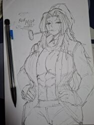 abs gebura_(lobotomy_corporation) hands_on_hips lobotomy_corporation long_hair looking_at_viewer muscular_female open_clothes open_jacket project_moon scar_across_eye scar_on_face sketch smoking smoking_pipe