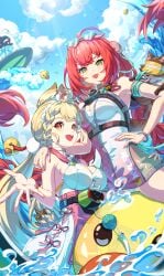 2girls absurdres ahoge alice_thymefield alice_thymefield_(sea_of_thyme) animal_ears arm_ribbon armpits bangboo_(zenless_zone_zero) bare_shoulders blonde_hair braid breasts bupa_chila camera choker cleavage day eyewear_on_head green_eyes hair_ornament hand_on_own_hip heart heart-shaped_eyewear highres inflatable_toy kamanosuke_(zenless_zone_zero) large_breasts long_hair looking_at_viewer low_twintails medium_breasts multiple_girls my_lady official_alternate_costume one-piece_swimsuit open_mouth orange_eyes outdoors pink_one-piece_swimsuit rabbit_ears red_hair ribbon smile sphere_hair_ornament sunglasses swimsuit twintails two-tone_swimsuit ukinami_yuzuha ukinami_yuzuha_(tanuki_in_broad_daylight) v-shaped_eyebrows very_long_hair video_game_character white_choker white_one-piece_swimsuit zenless_zone_zero