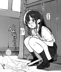 1girl :o blush collared_shirt commentary_request convenient_leg from_side full_body greyscale indoors loafers long_hair miniskirt monochrome nose_blush open_mouth original pee peeing pleated_skirt school_uniform shirt shoes short_sleeves skirt small_sweatdrop socks solo sound_effects speech_bubble squatting straight_hair tamahagane translation_request wing_collar