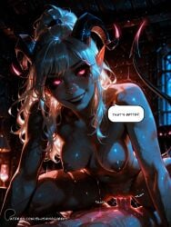 ai_generated assertive_female black_lips black_lipstick black_sclera blouse blushingcheeks breasts_out comic comic_page cowgirl_position curled_horns demon_eyes demon_girl demon_tail dnd_character erect_clitoris evil_grin evil_smile femdom fit fit_female glowing_eyes grey_skin hanging_breasts high_ponytail horns medium_breasts messy_hair muscular_male navel pink_eyes pointy_ears pussy pussy_juice pussy_juice_trail running_mascara runny_makeup scar scar_on_face scar_on_nose succubus tail tiefling tiefling_girl wavy_hair white_blouse white_hair
