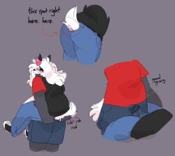 2023 anthro ass big_butt biped black_clothing black_eyelids black_footwear black_shirt black_shoes black_topwear blush bodily_fluids bottomwear bovid bulge caprine carrying_another carrying_partner clothed clothing cum cum_in_clothing cum_through_clothing cum_through_pants denim denim_bottomwear denim_clothing dock_(anatomy) duo erogenous_tail footwear fully_clothed fur furgonomic_pants genital_fluids goat hair hair_over_face heart_symbol horn jeans male male/male mammal nier_(pinkshinyhorns) overweight overweight_anthro pants pink_horn pink_nose pinkshinyhorns red_clothing red_shirt red_topwear rubbing_tail shirt shorts tail topwear wet wet_clothing white_body white_fur white_hair