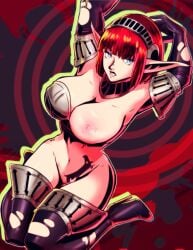 1girls alternate_version_available areolae arms_up armwear atlus big_breasts bikini_armor blue_eyes bottomless breasts cleavage detached_collar eiselin_hulkenberg elf_ears exposed_nipple female female_only footwear hair heels hips legwear long_hair metaphor:_refantazio nico_artooo nipples on_knees one_breast_out pointy_ears pussy red_hair revealing_clothes ripped_clothing skimpy skimpy_armor skimpy_clothes solo solo_female thighs topwear vagina