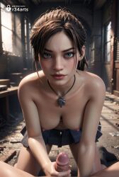 1boy 1boy1girl 1girls ai_generated all_fours artist_name blue_skirt breasts brown_hair claire_redfield claire_redfield_(jordan_mcewen) erection female green_eyes handjob hi_res indoors jewelry lips looking_at_viewer medium_breasts mole mole_on_breast mole_on_stomach navel necklace nipples nose patreon_username penis plaid plaid_skirt pov r34arts realistic resident_evil resident_evil_2 resident_evil_2_remake skirt socks solo_focus straight topless uncensored
