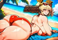 burnice_white zenless_zone_zero lumarabbit watermark patreon_username 2026 ai_generated 1girl solo breasts looking_at_viewer blush smile large_breasts blonde_hair twintails swimsuit ass thighs outdoors bikini lying sky day looking_back cloud from_behind grin english_text huge_breasts tree orange_eyes wet shiny_skin sideboob skindentation ocean side-tie_bikini_bottom thick_thighs beach sunglasses on_stomach towel eyewear_on_head red_bikini palm_tree huge_ass