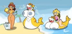 2girls bathing_suit beach blonde_hair blue_eyes breast_expansion brown_hair chabble green_eyes inflatable inflatable_transformation inflation mario_(series) p-balloon pool_toy power_up princess_daisy princess_peach shark super_mario_bros. tan_body transformation