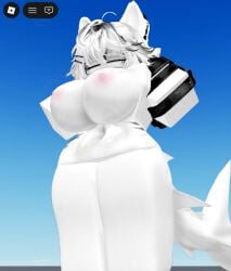 1girls 3d areolae big_breasts black_armband breasts closed_eyes furry kurokuro4706 naked nipples no_clothes original_character outdoors roblox roblox_avatar robloxian shark shark_girl shark_tail white_hair white_skin white_tail