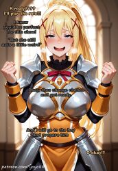 ai_generated armor armored_female arms_up big_breasts blonde_hair blue_eyes blush braid caption clothing curvy curvy_female curvy_figure darkness_(konosuba) female hair_ornament happy heavy_breathing huge_breasts indoors large_breasts long_hair male/female open_mouth saliva standing voluptuous voluptuous_female yoyo88