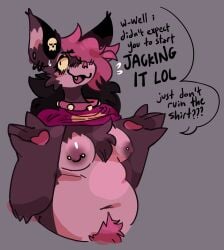 5_fingers alice_(batchatfanclub) anthro areola bat bat_ears biped blush bodily_fluids breasts clothing collar cute_fangs ear_piercing ear_ring embarrassed fangs female fingers hair hi_res mammal navel nipple_piercing nipples open_mouth overweight overweight_anthro overweight_female pawpads piercing pink_clothing pink_collar pink_hair pink_nose pink_shirt pink_topwear pinkshinyhorns presenting presenting_breasts pubes ring_piercing shirt shirt_up skull_accessory skull_ear_ring solo spiked_collar spikes sweat sweatdrop teeth topwear yellow_sclera