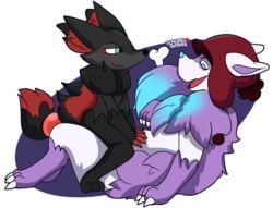 alpha_channel black_body black_fur braixen clothing cowgirl_(disambiguation) fan_character female fur furry hair hat headgear headwear hi_res hybrid male mightyena nintendo pokémon_(species) pokemon pokemon_(species) red_hair screamoshaymin straddling straight video_games white_body white_fur zoroark