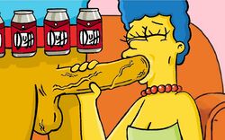 1boy balls beer big_balls big_penis blowjob blue_hair cheating cheating_wife closed_eyes clothes_removed dress duffman fellatio female female grabbing_penis marge_simpson mature_female milf netorare penis_grab saliva the_simpsons veiny_penis